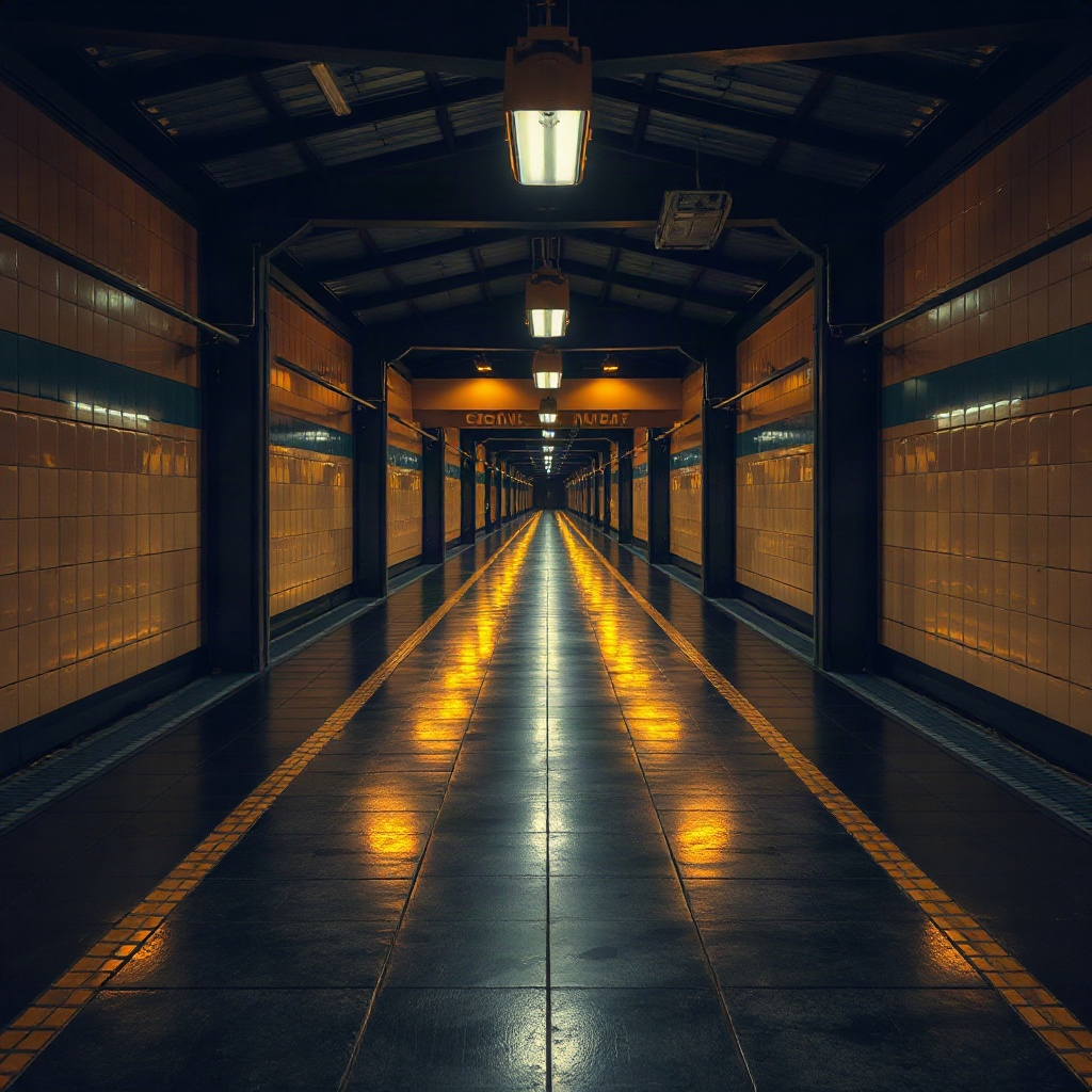 Hall tiles reflecting soft glow
