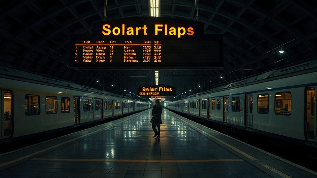 Night departure hall with amber split-flap glow